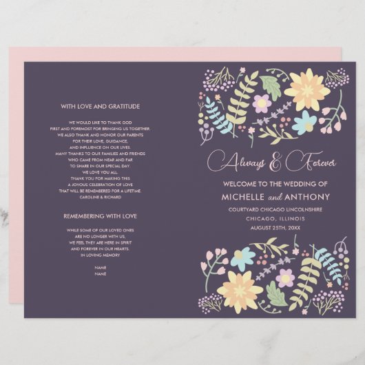 Programme de mariage floral moderne rose violet (Devant / Derrière)