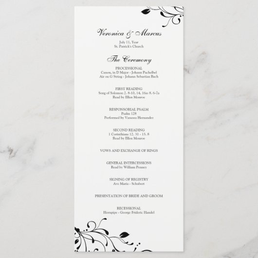 Programme de mariage floral noir et blanc (Devant)