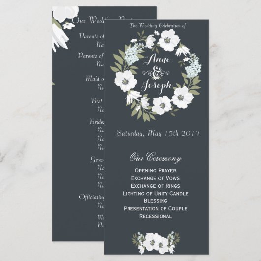 Programme de mariage floral noir et blanc (Devant / Derrière)