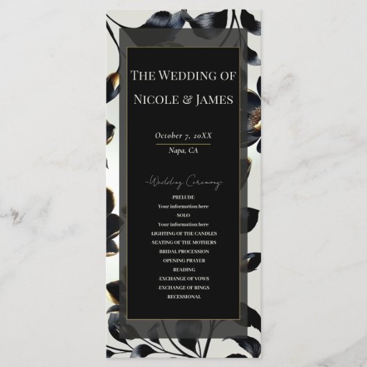 Programme de mariage floral noir et or beige (Devant)