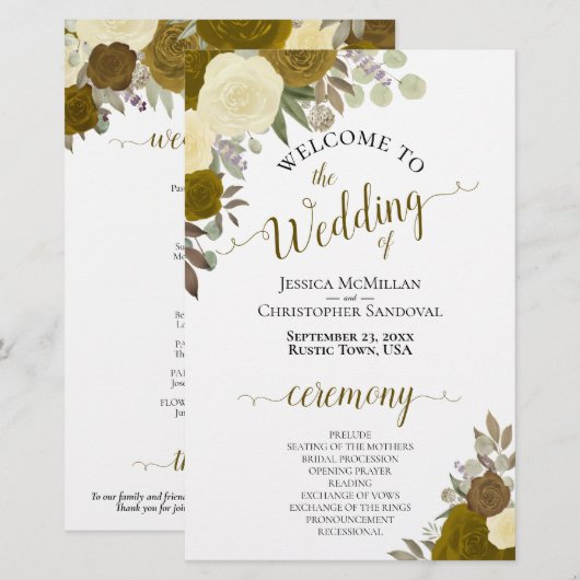 Programme de mariage floral or et jaune à petit bu (Devant / Derrière)