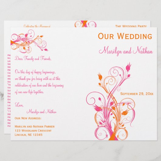 Programme de mariage floral orange, rose et blanc (Devant / Derrière)