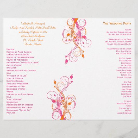 Programme de mariage floral orange, rose et blanc (Dos)