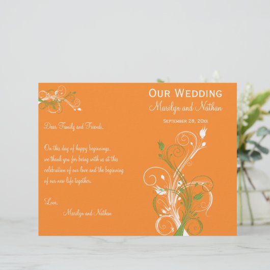 Programme de mariage floral orange, vert et blanc (Debout devant)