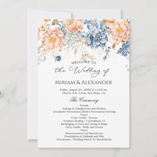 Programme de mariage Floral Peach Blush Blue (Devant)