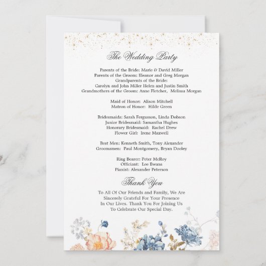 Programme de mariage floral pêche rose bleu (Dos)