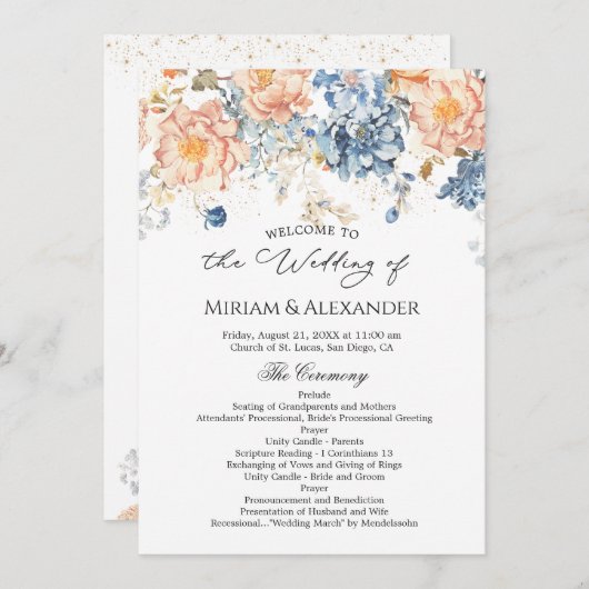 Programme de mariage floral pêche rose bleu (Devant / Derrière)