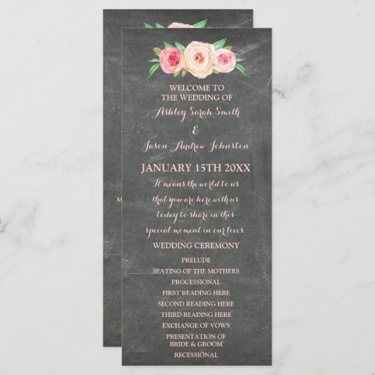 Programme de mariage floral Pink Chalkboard (Devant / Derrière)