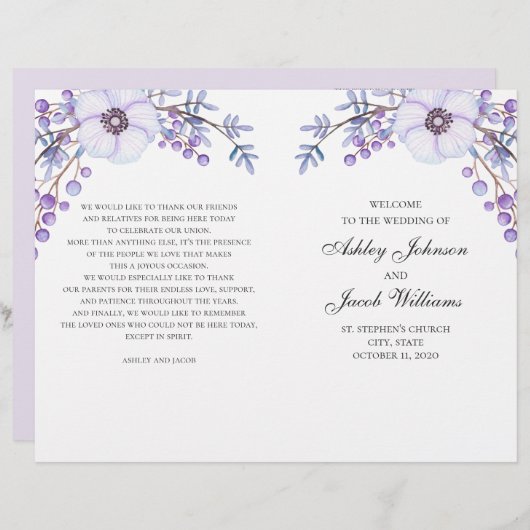 Programme de mariage floral plié. Fleurs violettes (Devant / Derrière)