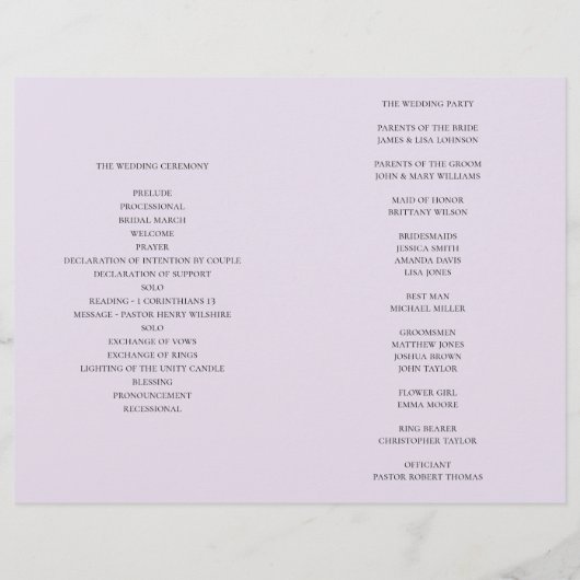Programme de mariage floral plié. Fleurs violettes (Dos)