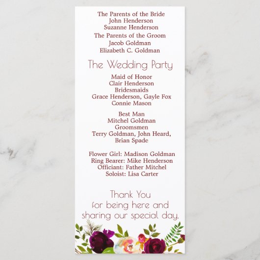 Programme de mariage floral pour le vin blanc (Dos)