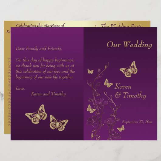 Programme de mariage floral pour papillon bleu et (Devant / Derrière)