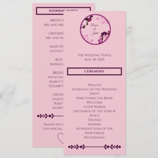 Programme de mariage floral pourpre (Devant / Derrière)