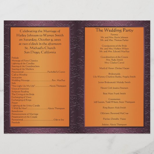 Programme de mariage floral pourpre et Tangerine (Dos)