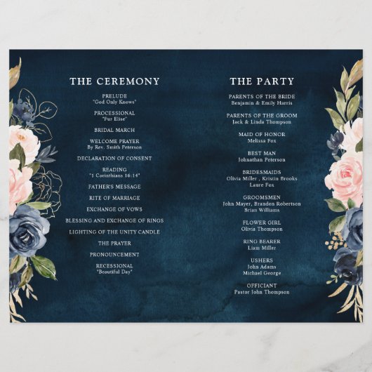 Programme de mariage floral rose bleu bleu Dusty (Dos)