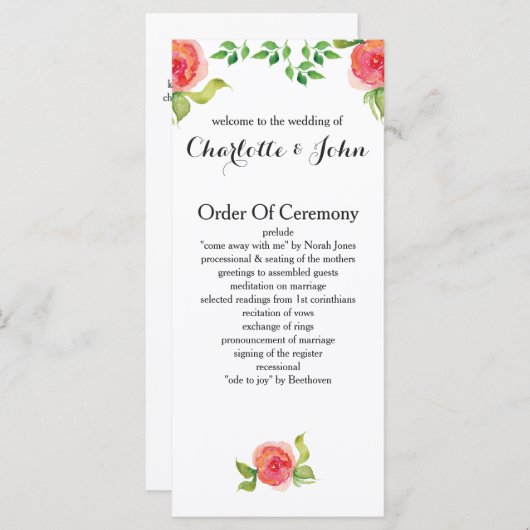 programme de mariage floral rose corail (Devant / Derrière)