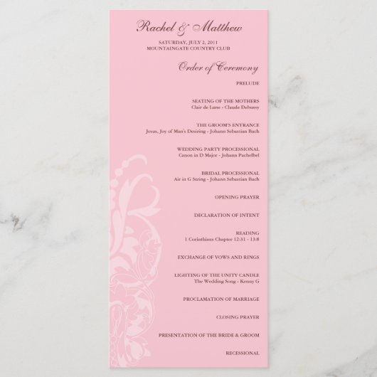 Programme de mariage floral rose doux (Devant)
