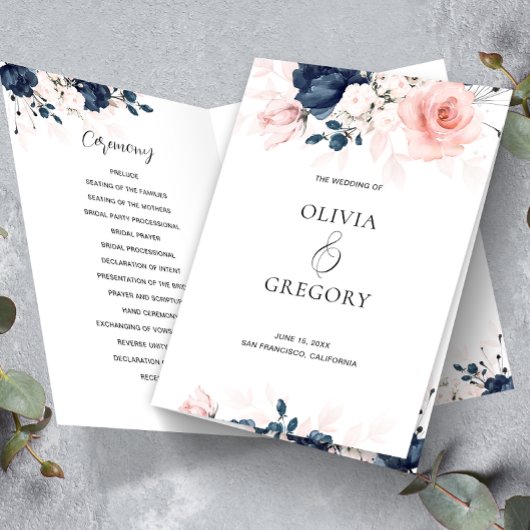 Programme de mariage floral rose et bleu marine