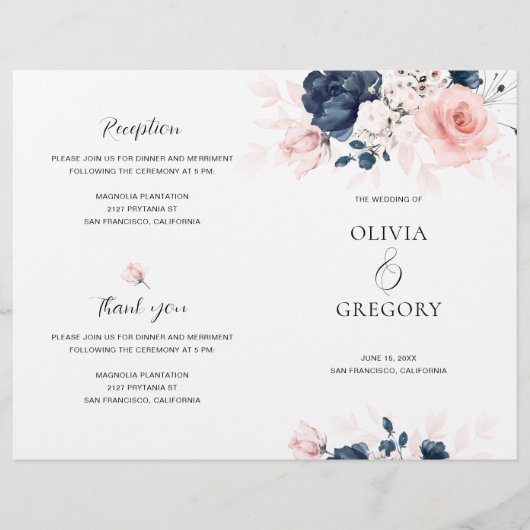Programme de mariage floral rose et bleu marine (Devant)