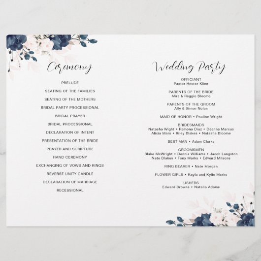 Programme de mariage floral rose et bleu marine (Dos)