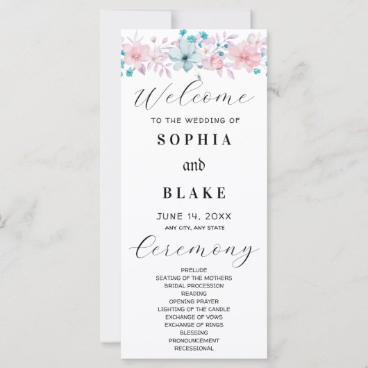 Programme de mariage floral rose et bleu simple (Devant)