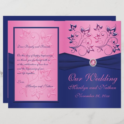 Programme de mariage floral rose et marine (Devant / Derrière)