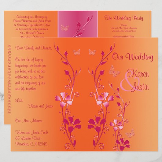 Programme de mariage floral rose et orange (Devant / Derrière)