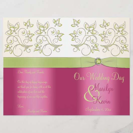 Programme de mariage floral rose et vert (Devant)