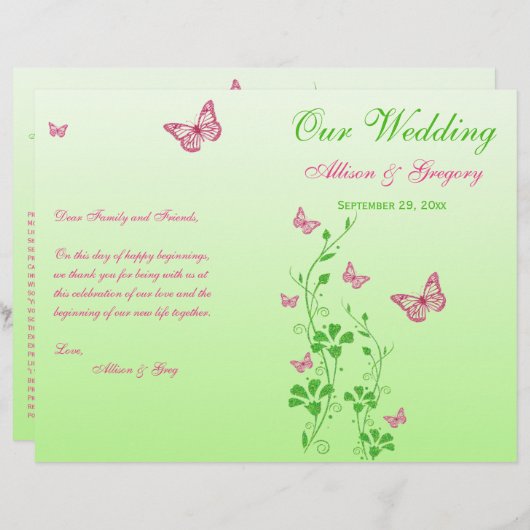 Programme de mariage floral rose, papillon vert (Devant / Derrière)