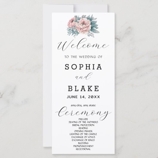 Programme de mariage floral rose romantique blanc (Devant)