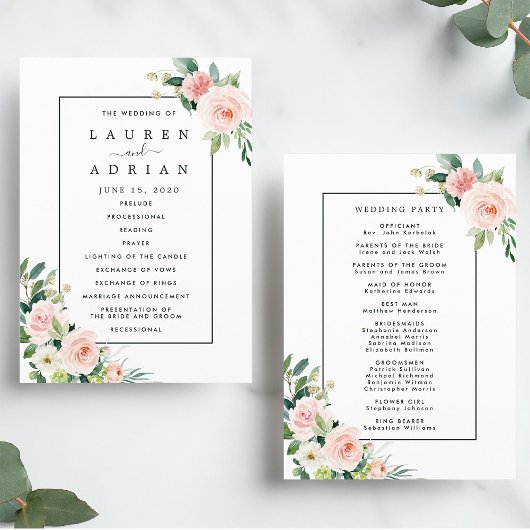 Programme de mariage floral rose tendre en fleurs