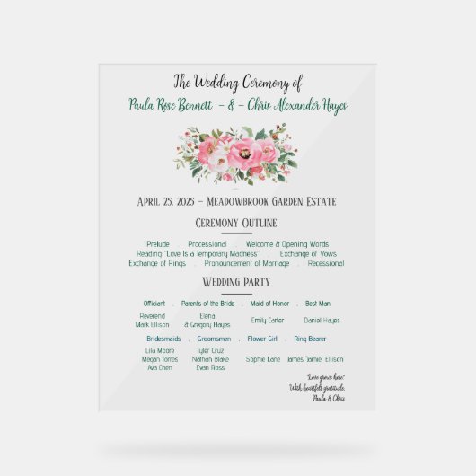 Programme de mariage floral rose vif (Recto)