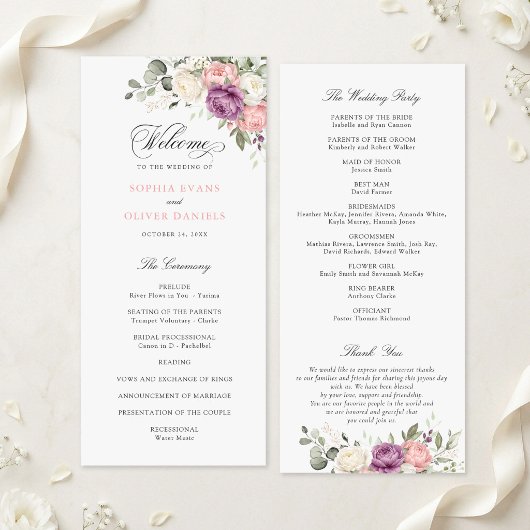 Programme de mariage floral rose violet verdure