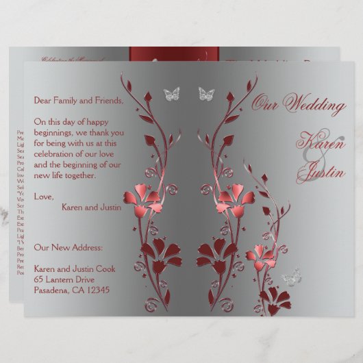 Programme de mariage floral rouge et argent (Devant / Derrière)
