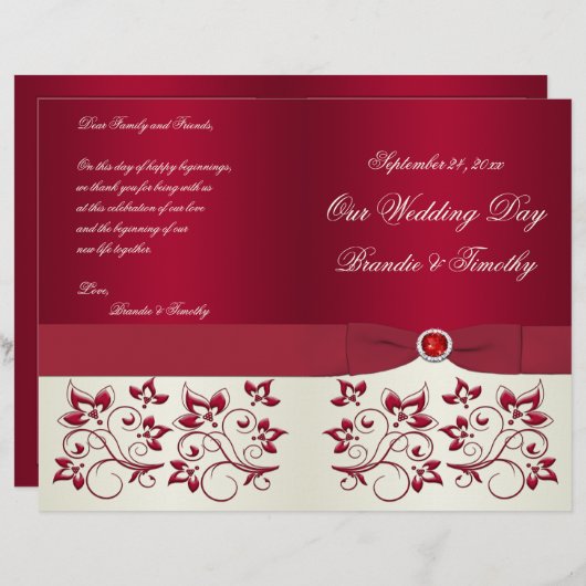 Programme de mariage floral rouge et ivoire (Devant / Derrière)