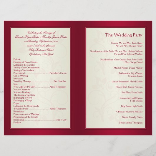 Programme de mariage floral rouge et ivoire (Dos)