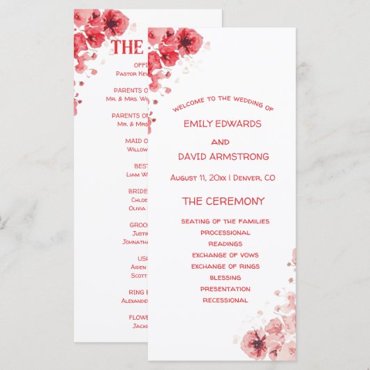 Programme de mariage floral rouge romantique (Devant / Derrière)