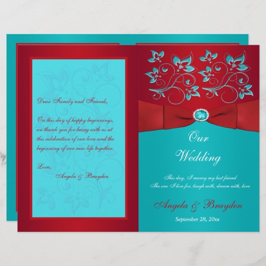 Programme de mariage floral rouge, turquoise (Devant / Derrière)