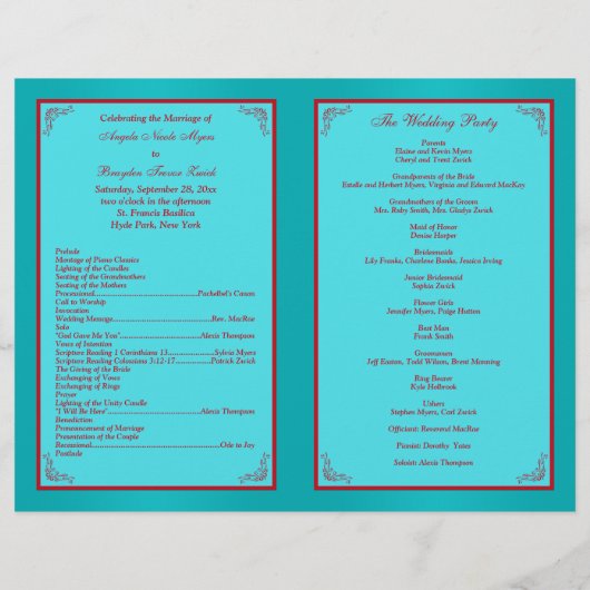 Programme de mariage floral rouge, turquoise (Dos)