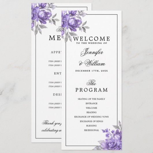 Programme de mariage floral rustique violet Menu (Devant / Derrière)