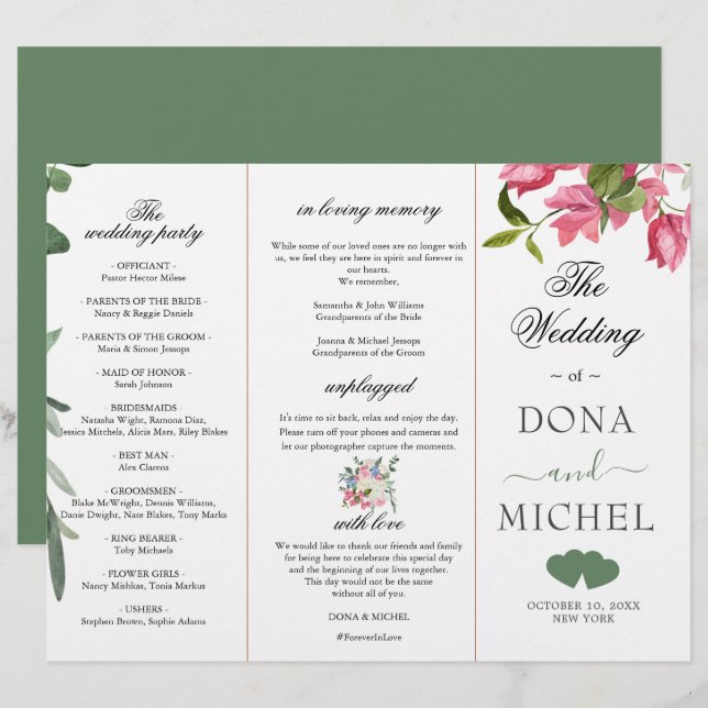 Programme de mariage floral sauvage de l'aquarelle (Devant / Derrière)