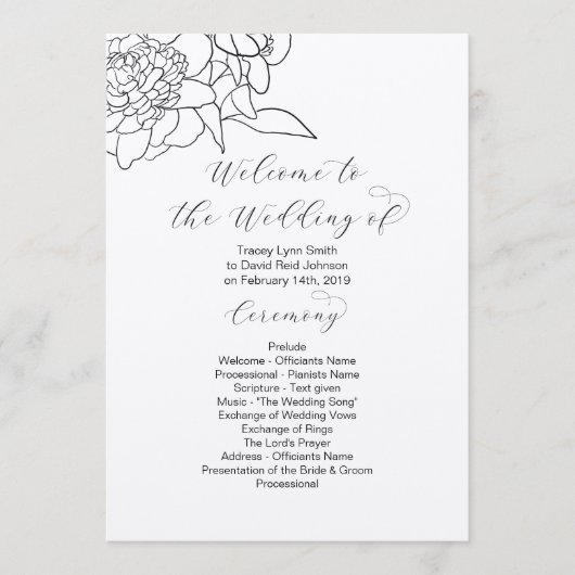 Programme de mariage floral tiré Kraft recto-verso (Devant)