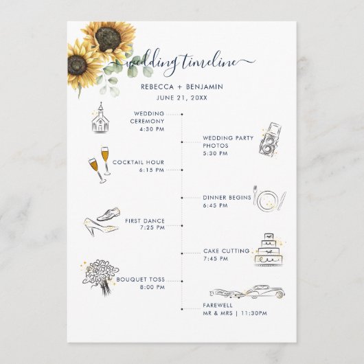 Programme de mariage floral tournesol aquarelle (Devant)