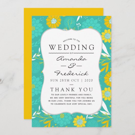 Programme de mariage floral Turquoise et jaune (Devant / Derrière)