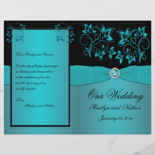 Programme de mariage floral turquoise et noir (Devant)