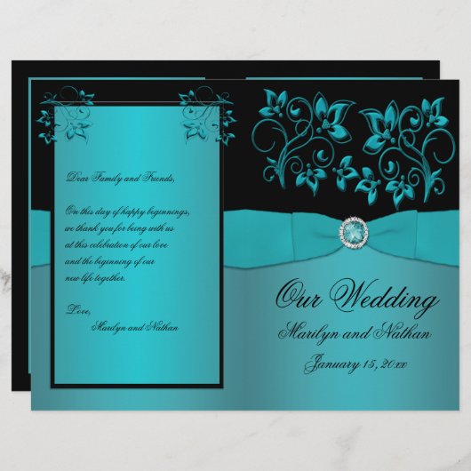 Programme de mariage floral turquoise et noir (Devant / Derrière)