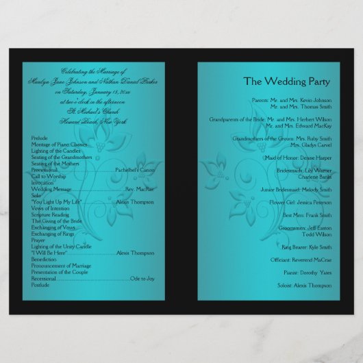 Programme de mariage floral turquoise et noir (Dos)