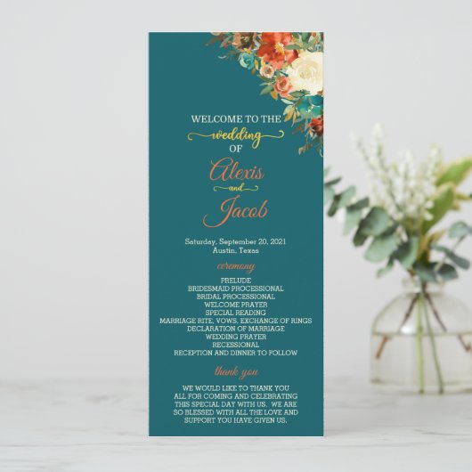 Programme de mariage - Floral Turquoise & Orange (Debout devant)