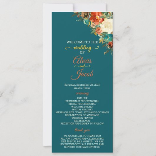 Programme de mariage - Floral Turquoise & Orange (Devant)