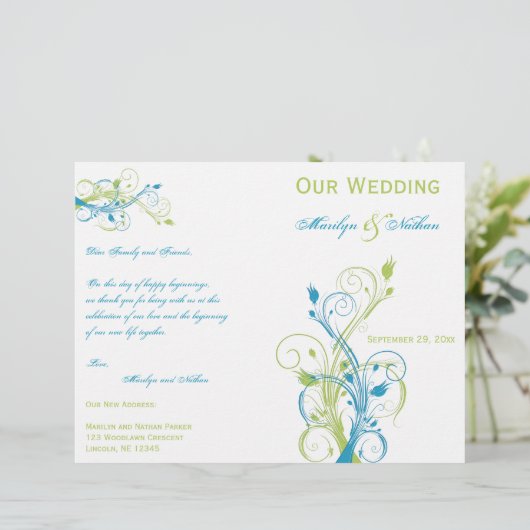 Programme de mariage floral turquoise, verte et bl (Debout devant)